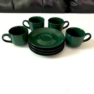 Set of 4 Crown Stoneware Vintage Jade Green Coffee/ Tea Cup and Saucer Set